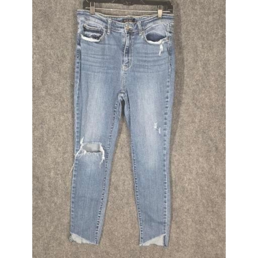 Judy Blue High Rise Distressed Skinny Jeans Medium Wash Raw Tulip Hem 13/31